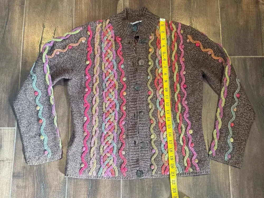 Vintage Talbots Brown Multicolored 3D Braided Artsy Cardigan Sweater